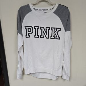 PINK Victoria's Secret Women's White and Gray Crew Neck Sweater